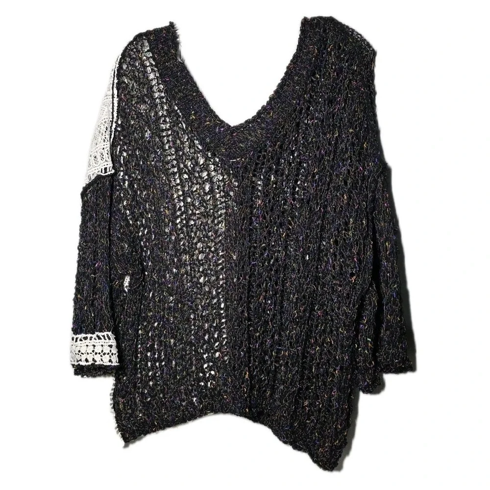 Pol Womens Sweater Ivory Lace And Black Multicolor V Neck